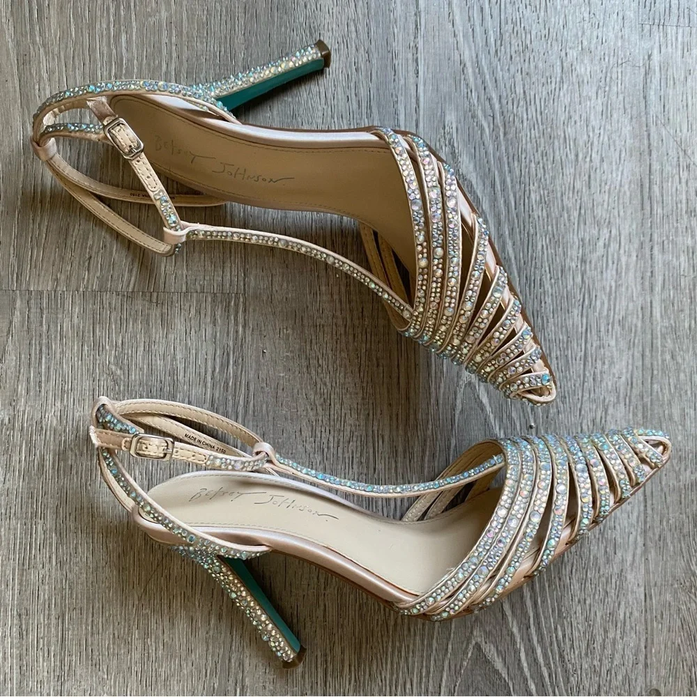 Betsey Johnson Nude Crystal Embellished T-Strap Heels